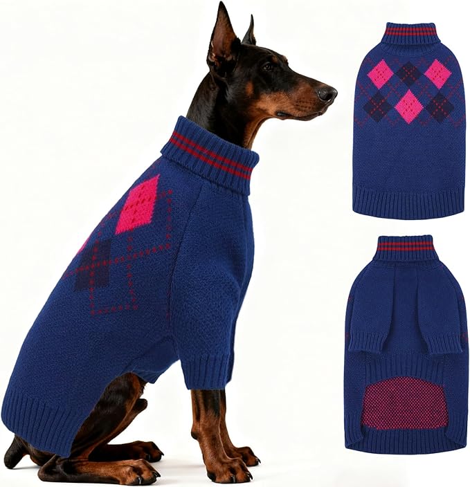 Dog Sweater for Medium Large Dogs, Cold Weather Cable Knit Pullover, Thick Warm Turtleneck Winter Clothes for French Bulldog, Labrador, Golden Retriever, German Shepherd, Great Dane- Blue XXXL