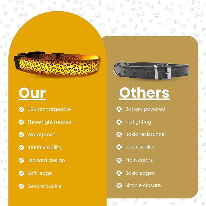 Leopard Dog Collar - Glow in The Dark USB Collar with Rechargeable Battery + Waterproof Design - Light Up Dog Collar - Yellow (Medium Size)