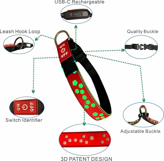 Personalized Light up Black Dog Collar with airtag Holder for Night Walk (Green Collar 15 Modes Lighting, L(15.7-19.7"))