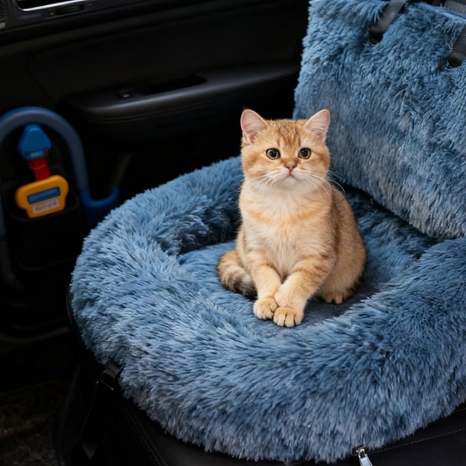 Generic Dog Car Seat for Dogs,Fluffy Pet Seat with Detachable Washable Cushion, Portable Travel-Safe Bed for Cars with Safety Belts (Blue, 60X60cm)