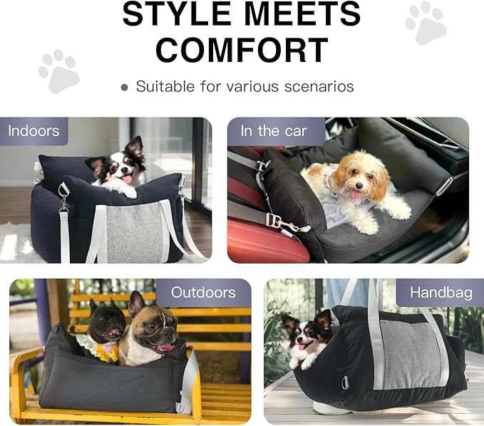 Pet Car Booster Seat for Small Dogs up to 25 lbs with Safety Straps, Storage Pockets, Travel Carrier Bed with Detachable Cover, Machine Washable (Black)