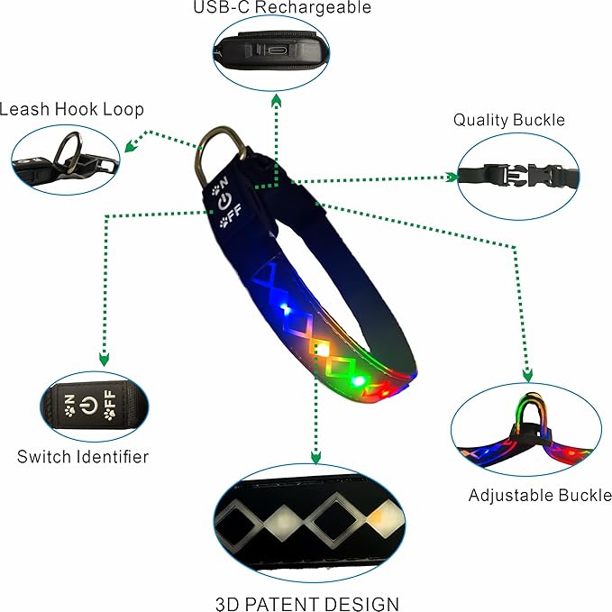 LED Dog Collar, 15 Light Modes, USB-C Rechargeable, Adjustable Silicone, Multiple Colors (Black Pro, M(11.8-15.7"))