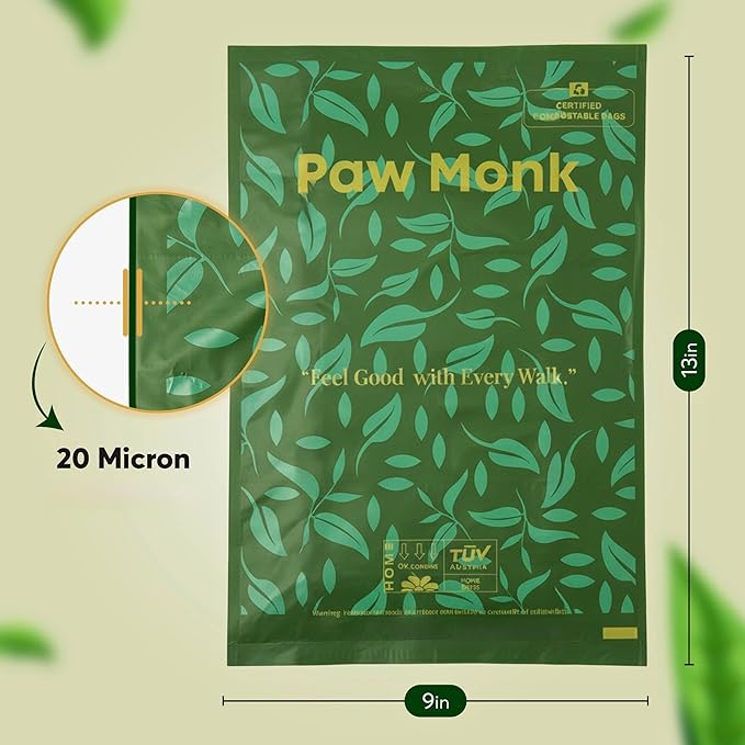 Paw Monk Heavy Duty Certified Home Compostable Dog Poop Bags Rolls Refill – 20 Micron Extra Thick & Leakproof, Easy Open – 120 Bags (8 Rolls)
