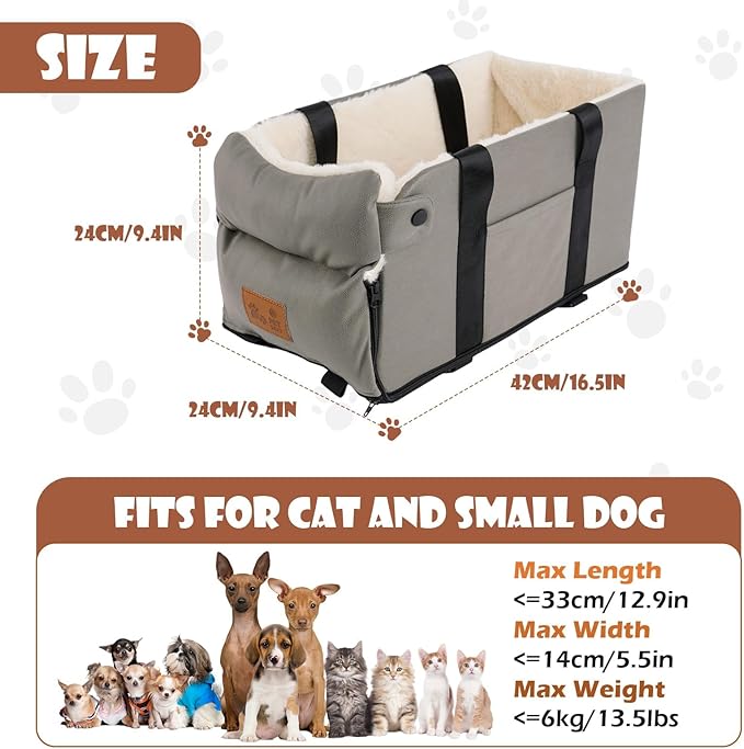 Dog Car Seat for Small Dogs Cats, Pet Travel Car Seat, Middle Console Dog Booster Box, Detachable Washable Center Console Pet Siting Armrest Booster for Puppy Cats Pets Up to 13.5lbs