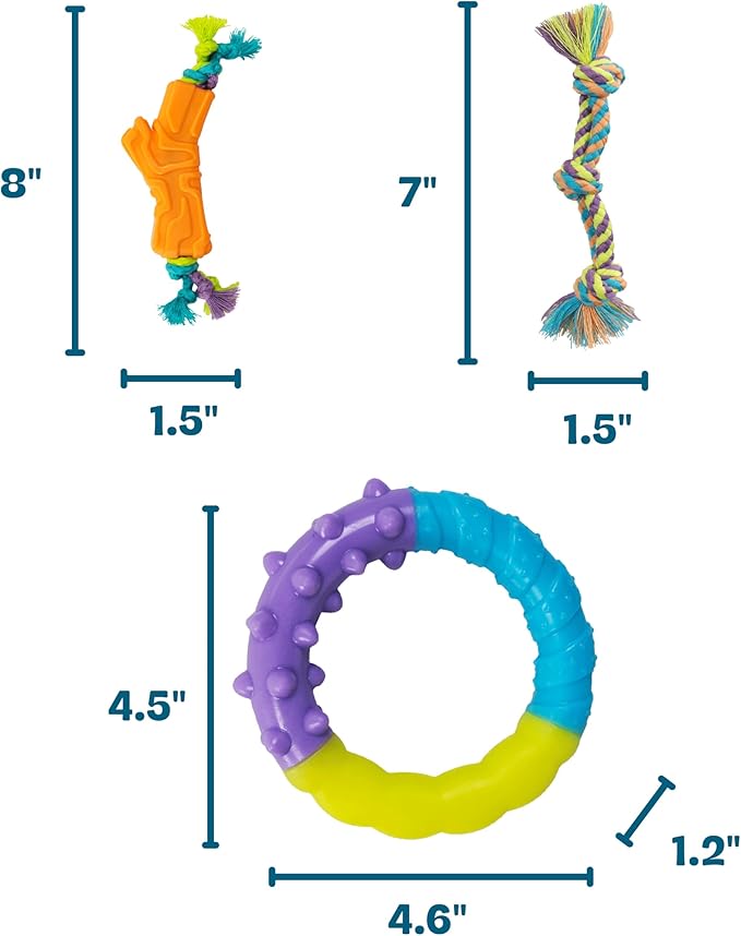 Pupstages Orka Puppy 3 Pack Dental Chew Toys, Multi-Textured, Tug Rope & Fetch, Teething Puppies & Small Dogs, 10.5"