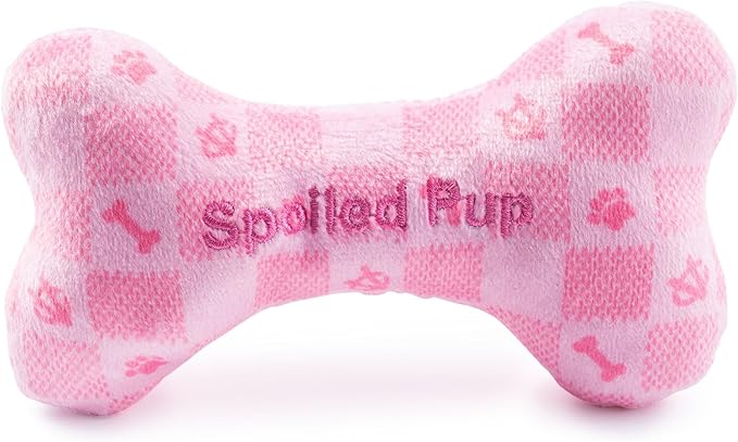 Haute Diggity Dog Pink Checker Chewy Vuiton Bone, Plush Designer Dog Toys with Interactive Squeaker, Stimulating Pet Enrichment, Machine-Washable & Safe Materials for All Breeds, Size Small