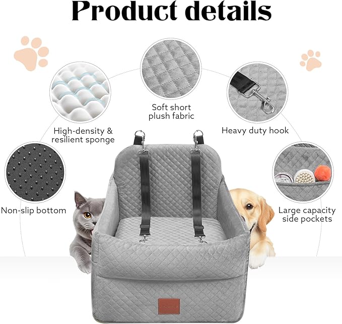 Dog Car Seat for Small/Medium Dogs Under 35lbs, Memory Foam Dog Booster Seats with Washable Removable Cover, Portable Travel-Safe Bed with 2 Safety Belts and Storage Pockets (Grey, Medium)