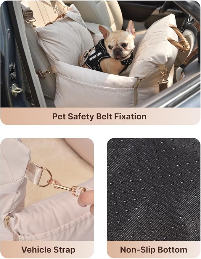 PET MARVEL Dog Car Seat for Small Dogs Up to 25 lbs, Pet Booster Seat with Safety Leash and Thick Cushion, Fully Detachable Washable Pet Bag with Storage Pocket, Portable Car Travel Carrier, Beige