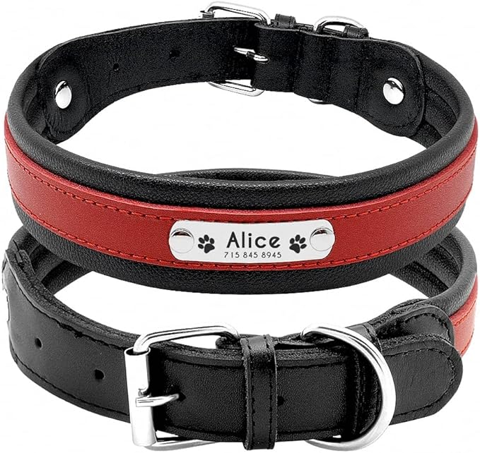 Large Dog Collar Genuine Leather Dog Collar Personalized Pet Name ID Collar Padded Customized for Medium Large Dogs Red XL