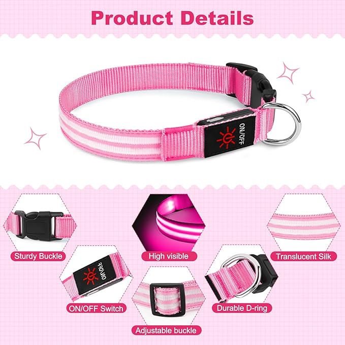Illumifun Lighted Dog Collars for Night, USB Rechargeable Light Up Dog Collar, Water-Resistant LED Dog Collar Glow in The Dark (Pink, Medium)