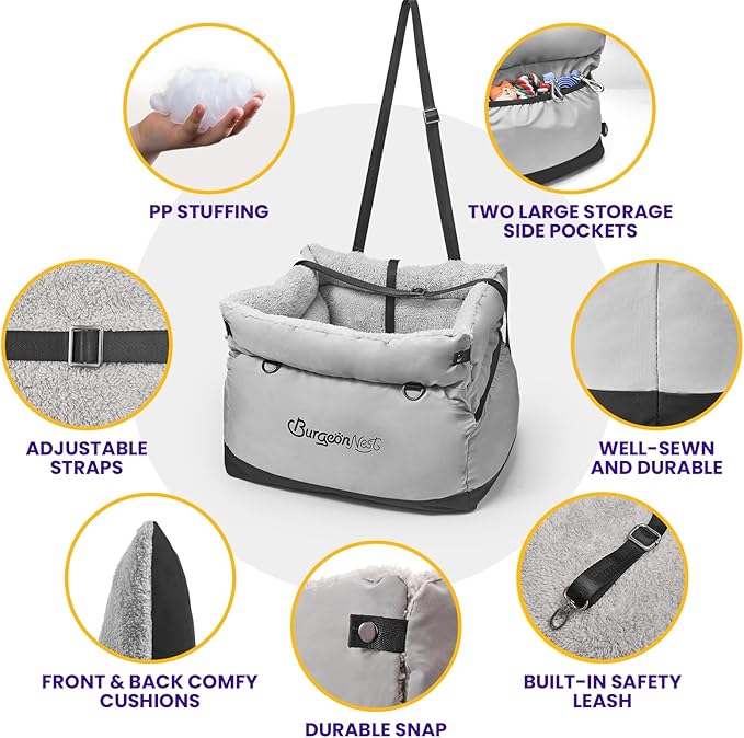 BurgeonNest Dog Car Seat for Small Dogs Under 25 lbs – Fully Detachable & Washable Pet Booster Seat with Safety Leash, Storage Pockets & Reversible Cushion, Portable Car Travel Carrier Bed, Grey