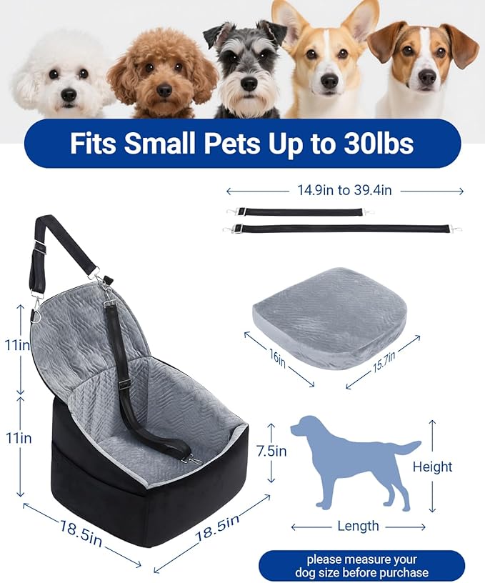 Dog Car Seat for Small Dogs, Dog Booster Seat with Extendable Backrest, Pet Car Seats up to 30 lbs, Washable Removable Cover Travel Bed with Storage Pockets and 2 Safety Leashes, Black&Grey