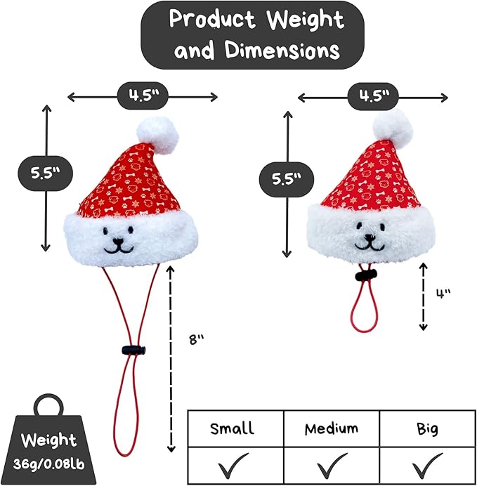Christmas Santa Hat Plush Dog Toy (Small Size), Cute Soft Squeaky X’Mas Gift with Hidden Treat Pocket, Wearable Play Design, Crinkle Sound, Perfect for Small & Medium Dogs