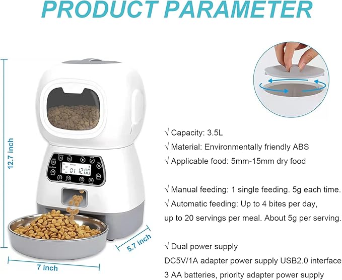 3.5L Automatic Cat Feeder, Auto Dog Food Dispenser with Twist Lock Lid, Dog Cat Dry Food Dispenser with Voice Recorder, Timed Cat Dog Feeder
