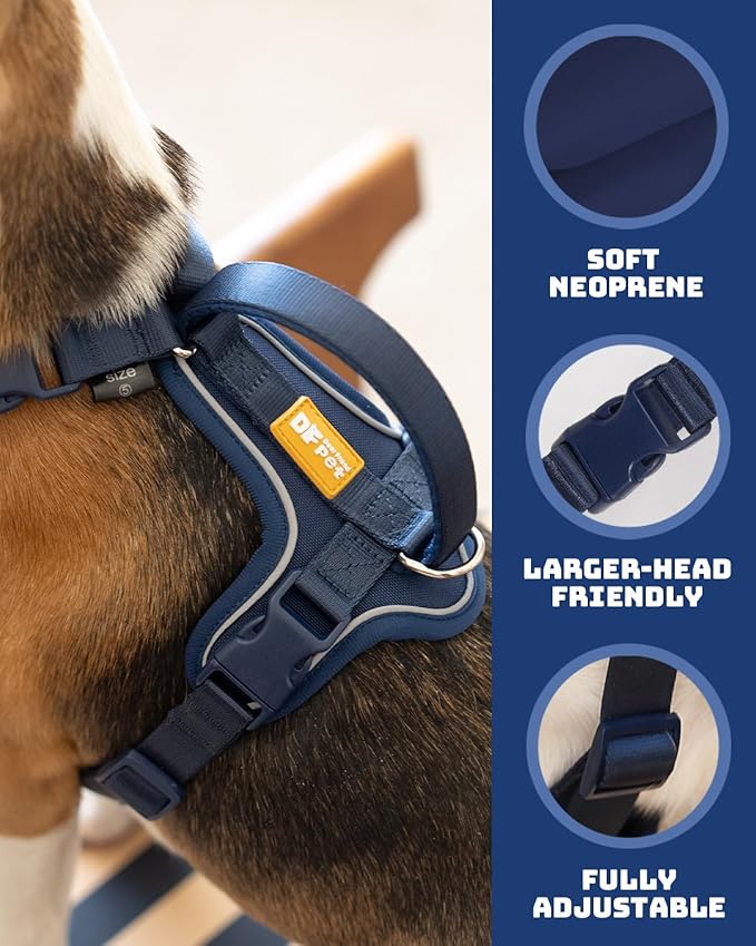 DF Freedom No Pull Martingale Dog Harness, Gentle Control for No Choking, Front Clip Harness with Reflective, Adjustable & Padded Handle for Easy Walking & Training, Navy Blue, 3/4", Chest 22.4"-30.4"