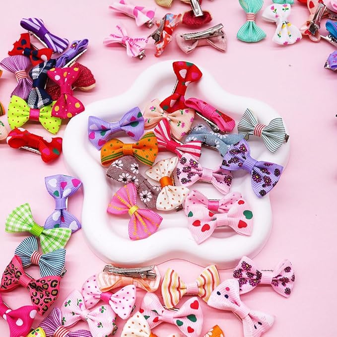 Mruq 100PCS Cute Puppy Dog Small Bowknot Hair Bows with Alligator Clips Bows for Girl Doggie Hair Grooming Handmade Pet Gifts Accessories