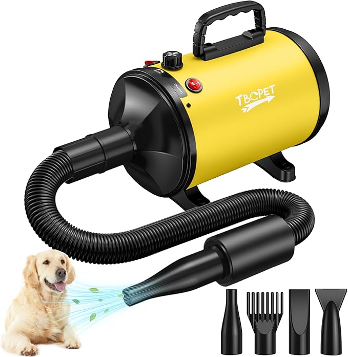 Dog Dryer High Velocity Dog Hair Dryer 5.2HP/3800W, Stepless Adjustable Speed Temperature Dogs Grooming Blow Dryer, Pet Dryer with 4 Nozzles,Blow Dryer for dogs, Yellow