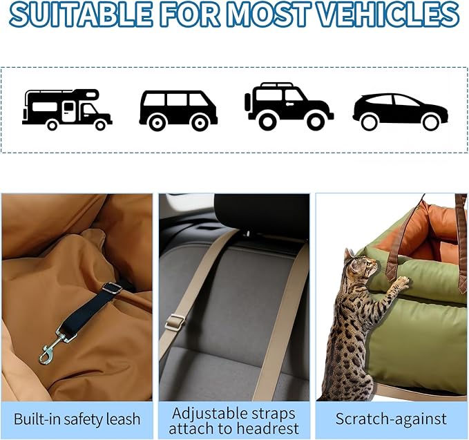 Dog Booster Car Seat, Waterproof PU Leather Upholstered Cat Bed for Car with Storage Pockets, Portable Pet Seat, Bite-Resistant, Perfect for Travel and Home