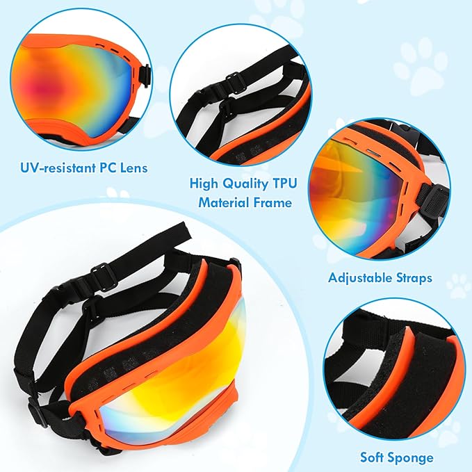 Dog Goggles for Large Dogs, UV Wind Dust Fog Protection, Soft Frame Adjustable Dog Sunglasses, Summer Driving & Winter Snow Eyewear, Tactical Pet Glasses with Elastic Strap (Orange)