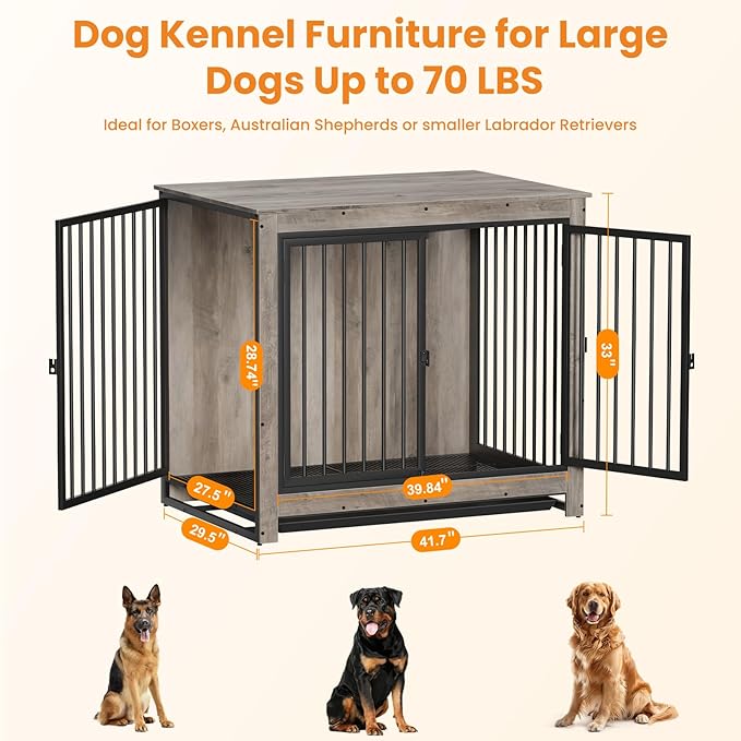 Dog Crate Furniture, 42 InchI ndoor Large Dog Kennel for Medium to Large Dogs Up to 70 LBS, Heavy Duty Wooden Pet Cage End Table with 3 Doors, Alloy Steel Frame & Removable Tray
