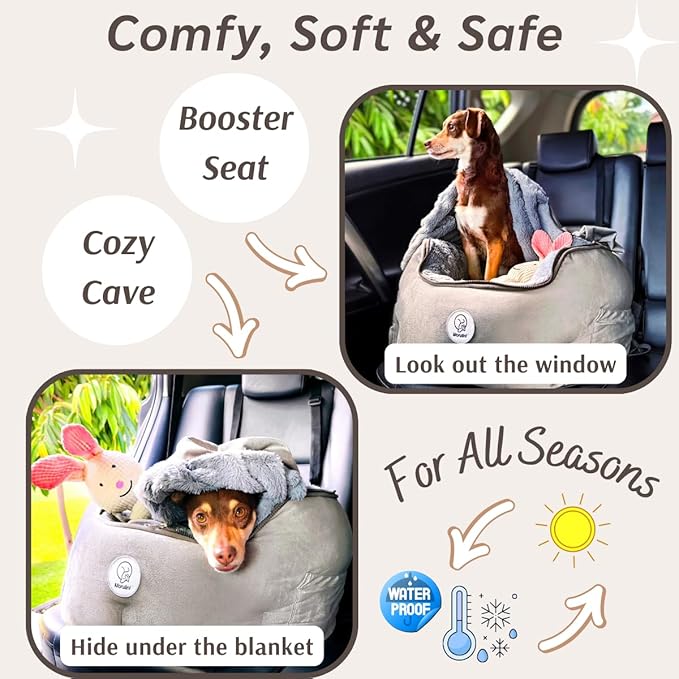 Orthopedic Dog Car Seat for Small Breeds - Original Calming Burrow Nest for Car Anxiety Relief - 6” Memory Foam Booster & Travel Bed - for Dogs Under 25lbs, Frenchie, Chihuahua