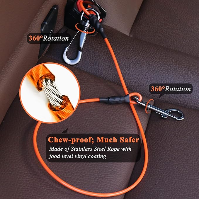 VIVAGLORY Dog Seat Belt Tuffbelt Dog Car Harness, Seatbelt with Clip & Hook for Car Travel, Chew Proof Anti Chew Unchewable Metal Safety Tether Restraint, L, Orange