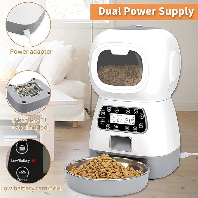 Automatic Cat Feeder 3.5L Pet Feeder Dog Food Dispenser for Cats and Dogs with Stainless Steel Food Bowl, Visible Window and Memory Function,10S Voice Recorder,4 Meal Portion Control