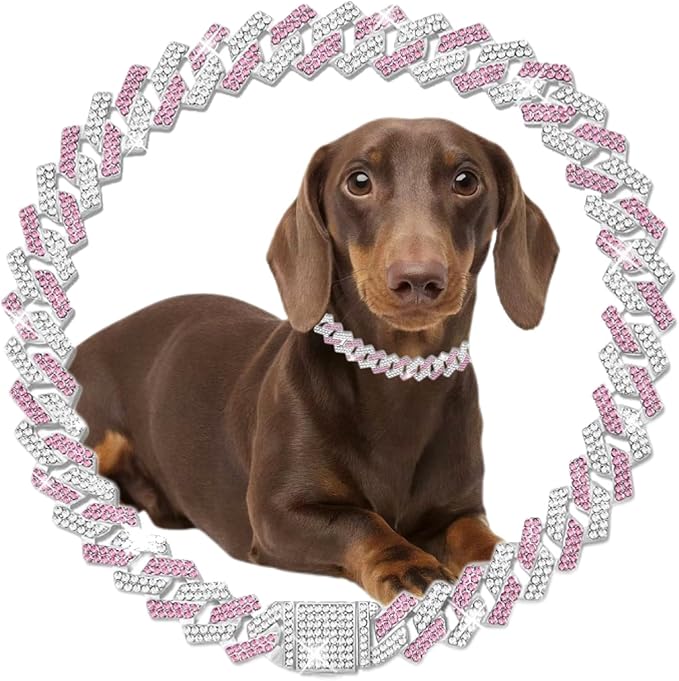 Pink Dog Chain Collars Bling Diamond Cuban Link Dog Collar Necklace Glitter Rhinestone Puppy Chain for Small Medium Large Pet Dogs(Pink 16inch)