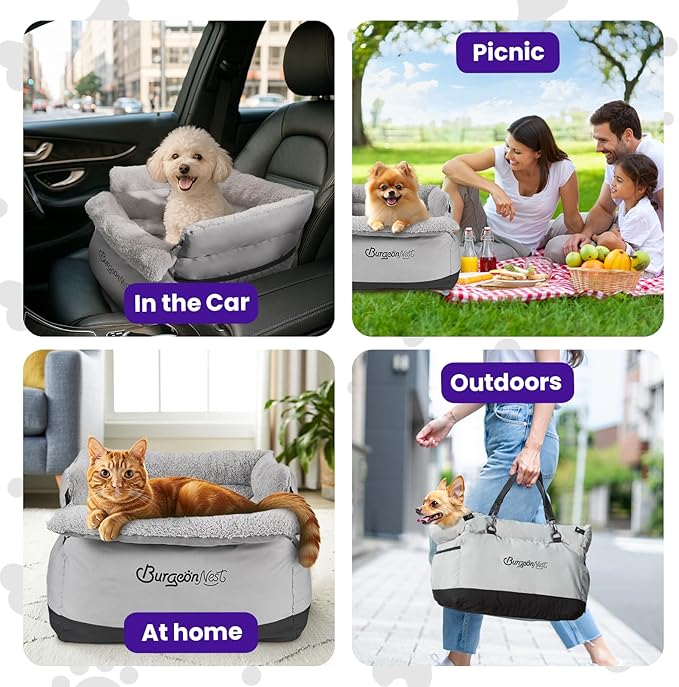 BurgeonNest Dog Car Seat for Small Dogs Under 25 lbs – Fully Detachable & Washable Pet Booster Seat with Safety Leash, Storage Pockets & Reversible Cushion, Portable Car Travel Carrier Bed, Grey
