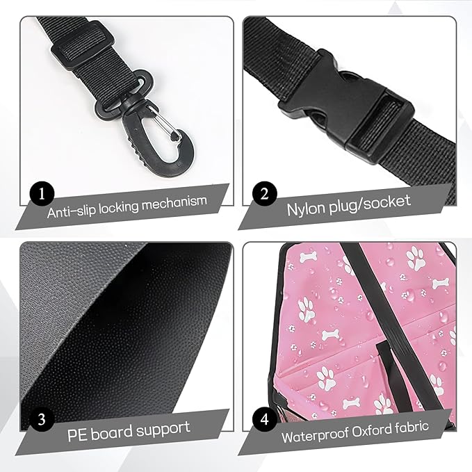 Wuyaoyao Pet Car Seat, Waterproof Breathable Oxford Cat Dog Car Booster Seat for Small Pets, Foldable Portable Vehicle Puppy Travel Basket with Seatbelt & Support Rod, for Pet Up to 22 lbs (Pink)
