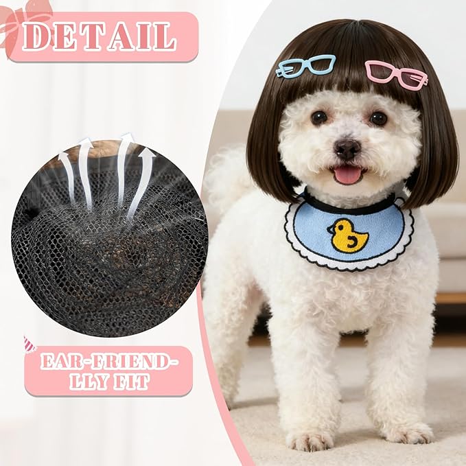 Funny Dog Bangs Bob Wig - Adjustable Elastic Band & Trimmable, Built-in Knitted Bandana & Bow Clip, Dog Cosplay Costume for Small Medium Large Dogs,Halloween Christmas Parties Festivals (Black)