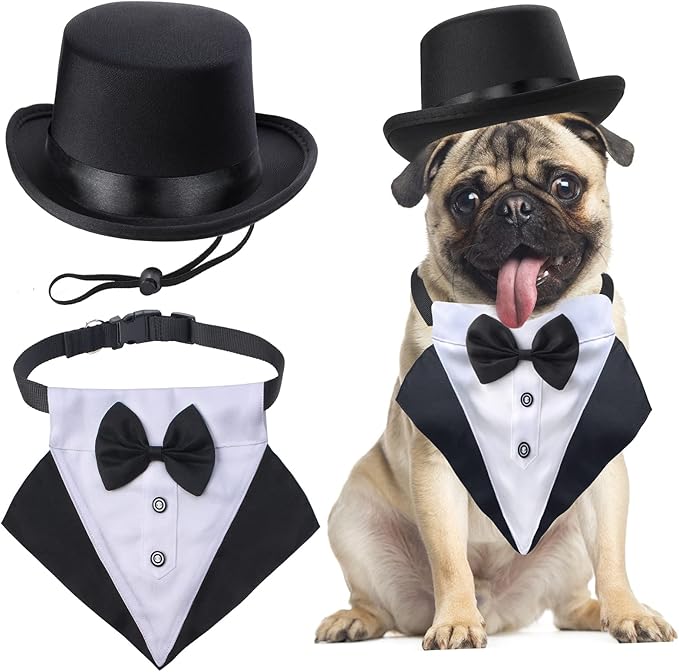 Yewong 2 Pieces Pet Formal Accessories Set - Pet Top Hat with Formal Pet Tuxedo Bandana Collar Birthday Party Gradation Halloween Costumes Accessories for Dog Cat (Set-B) One Size