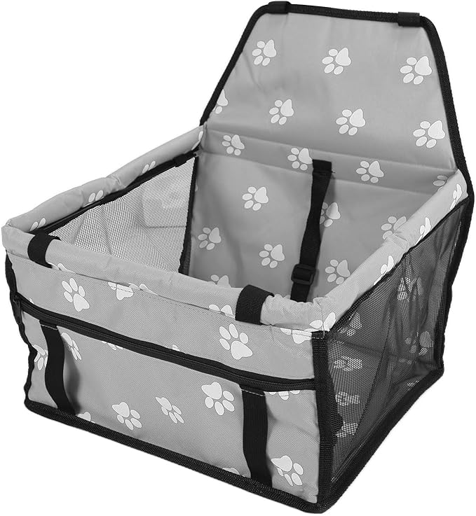 Pet Carrier Cage Dog Car Seat Bear Pattern Washable Foldable Pet Safety Travel Seat with Support Rod for Cars Oxford Cloth Material (Gray paw Print Support Stick Style)
