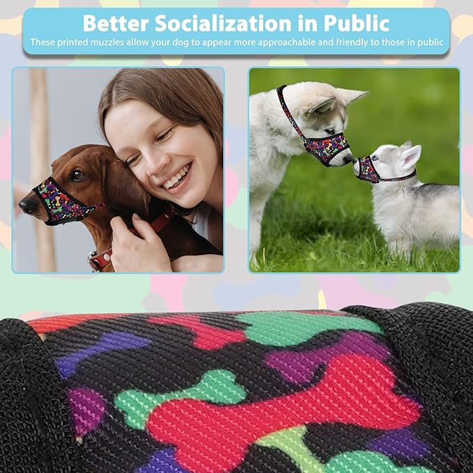 LUCKYPAW Dog Muzzle Anti Biting Barking and Chewing with Comfortable Mesh Soft Fabric and Adjustable Strap, Suitable for Small, Medium and Large Dogs(Black Bone,XS)