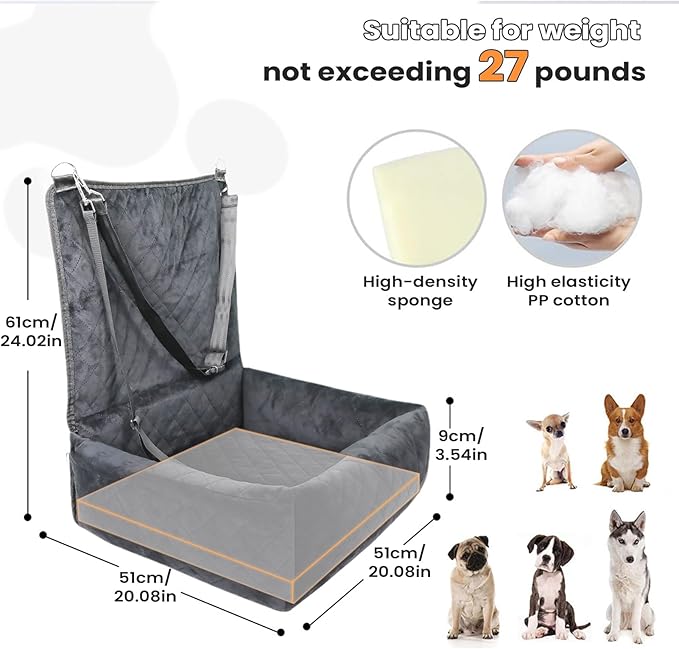 Plush Dog Car Seat for Dogs & Cats, Comfortable Pet Car Seat with 2 Side Pockets, Washable Pet Seats for Vehicle RV SUV Truck Front and Backseat Travel Road Trip Outdoor Commuting