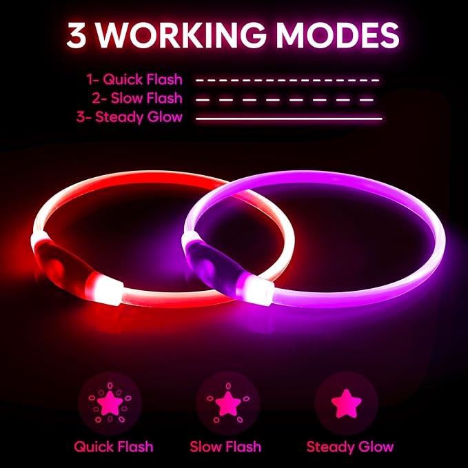 【2-Pack】 Rechargeable LED Dog Light Up Collar Set - Illuminate Night Walks with Universal Safety Light for Small, Medium, and Large Dogs (Pink&Red)