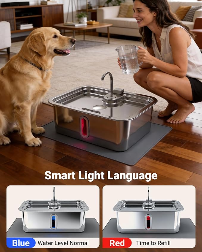 15L Automatic Water Dispenser for Dogs and Cats, Includes Pet Feeding Mat & 3 Filters, Stainless Steel Dog Water Fountain with Low Water Warning Indicator, Low-Noise Pump