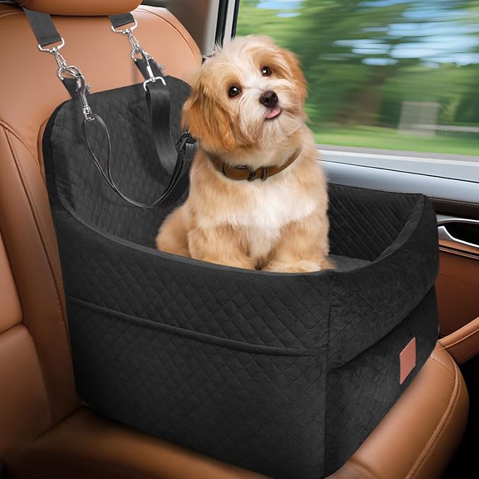 Dog Car Seat for Small/Medium Dogs Under 35lbs, Memory Foam Dog Booster Seats with Washable Removable Cover, Travel Portable Pet Car Seat with 2 Safety Belts and Storage Pockets (Black, Medium)