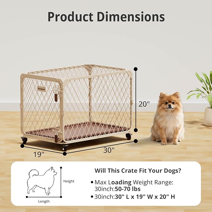 Dog Crate, 30 Inch Diamond Mesh Enhanced Dog Kennel with 4 Lockable Wheels, Removable Tray, Metal Cage Dog Crates for Medium, Small Dogs, Pets up 70 lbs, Ideal for Indoor Outdoor Use