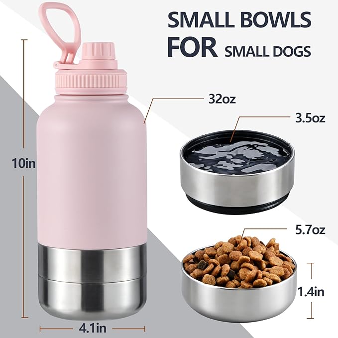Insulated Dog Water Bottle with 2 Bowls, 32oz Travel Stainless Steel Double Wall Thermos, Portable Pet Dispenser, Gifts for Puppy Small Dogs Walking Hiking and Camping