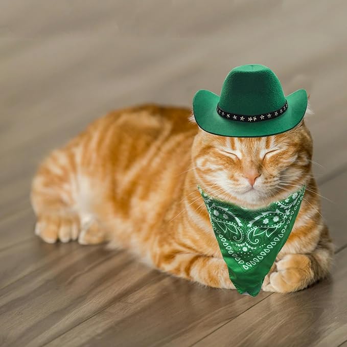 Dog Cowboy Hat and Bandana Scarf Dog Cat Sombrero Puppy Hat Dog Cat Costume Cosplay Cap Puppy Pet Dog Cat Holiday Pet Party Decoration (Green)