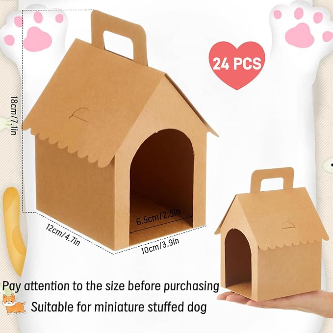HAN SHENG 24 Pcs Dog House Shape Gift Boxes, Kraft Paper Party Favors with Handle for DIY Crafting, Puppy Birthday Party Supplies, Pet Adoption Theme Decorations