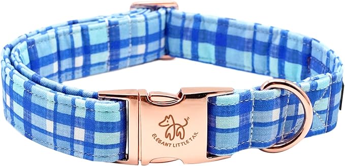 Elegant little tail Dog Collar, Blue Plaid Pattern Pet Collar Durable Cute Dog Collars Male or Female Pet Gift Adjustable Dog Collar for Small Dogs
