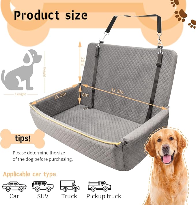 Large Dog Car Seat Under 60 lbs or 2 Small Dogs,Dog Bed for Car Back Seat with Seat Belt Fixation,The Seat Fabric Soft and Comfortable,Size is 31.5in x 20in x 21.5in,Removable and Washable.(Grey)