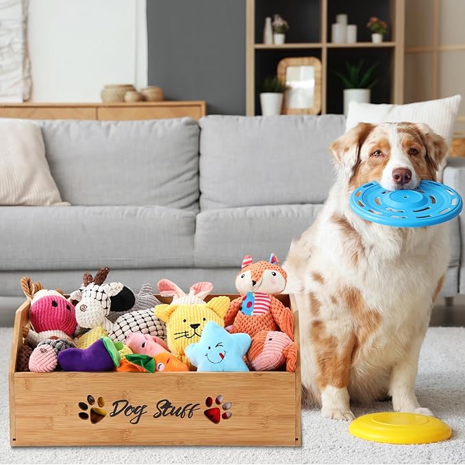 Leinuosen Large Dog Toy Bin Basket, 20 Inch Large Stuff Toy Storage Basket Bin with Bone Handle Cutout Pattern Bamboo Container for Organizing and Storage Dog Leash Chew Toys(Natural, Undivided)