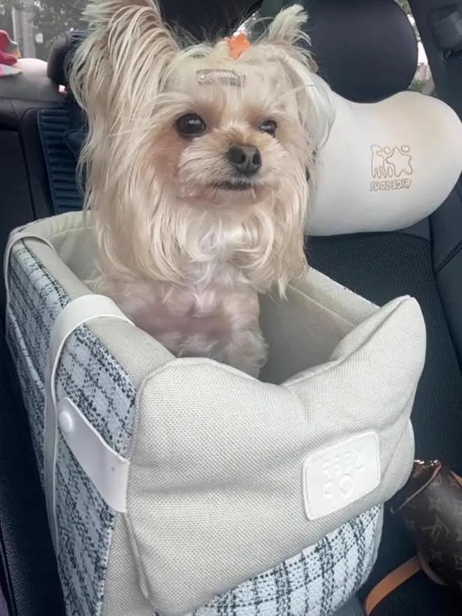 Pet Car Seat for Small Dogs & Cats, Large Space with Soft Cushion, Removable Design, Secure Straps, Fits Most Vehicles (Beige Plaid, 9.8 * 17.7 * 9.8inches)
