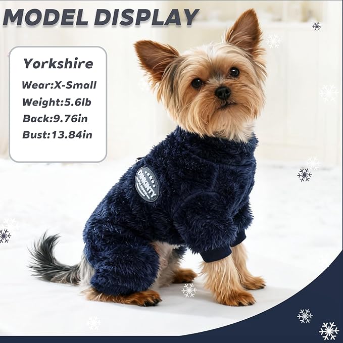 Fleece Dog Pajamas Winter Warm Dog Sweater for Small Dogs Thermal Soft Puppy Pjs Coat Stretchy Jumpsuit Doggie Pet Clothes Outfits Cat Apparel (Navy Blue, Medium)