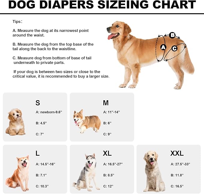 Reusable Dog Diapers Female Washable, Premium Doggie Diaper for Dogs, Pack of 3, Highly Absorbent Extra Extra Large Dog Diaper for Heat, Incontinence and Puppy Training(XXL)