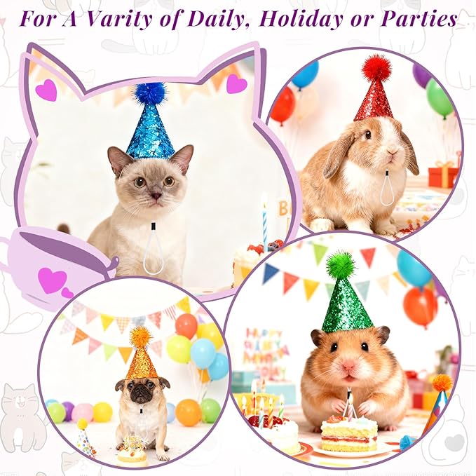 Mini Party Hats, 10Pcs Small Birthday Hats with Sequins for Stuffed Animals, Glittery Cone Party Hats with Pom-Pom Top for Dogs Cats Puppies Kittens, Colorful Festive Birthday hat for Pet Celebrations