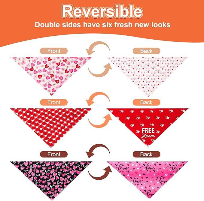 Dog Valentines Bandana Large 3PCS, 6 Pattern Sweetheart Scarf for Boy and Girl, Red Pink Black Triangle Reversible Love Bibs Breed for Puppy Pets